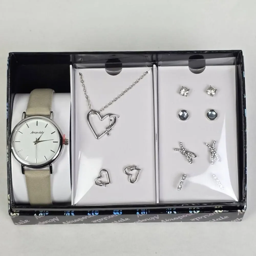 Aeropostale Watch Jewelry Set Necklace Earrings Silver Tone Heart